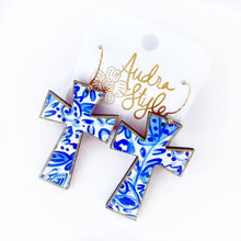 Load image into Gallery viewer, Cross Dangle Earring- Blue and White Floral Print-Religious
