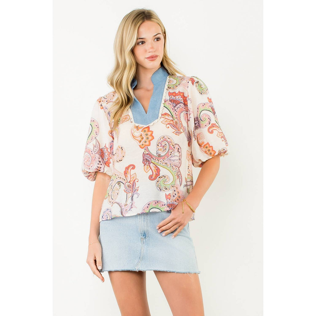 Contrast Collar Puff Sleeve Paisley Top-THML