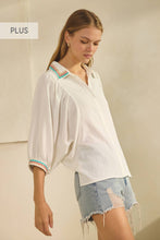 Load image into Gallery viewer, Plus Embroidered Collared And Cuffed Blouse: Sky Blue / Plus Size / 3XL
