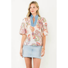 Load image into Gallery viewer, Contrast Collar Puff Sleeve Paisley Top-THML
