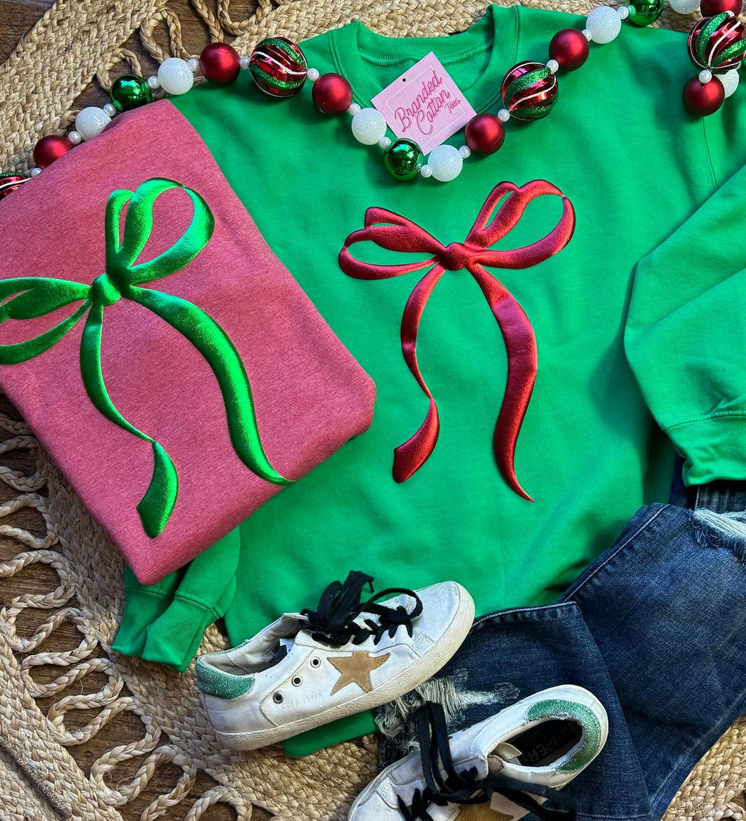 /Girly Christmas Bow Sweatshirt: Green Sweatshirt
