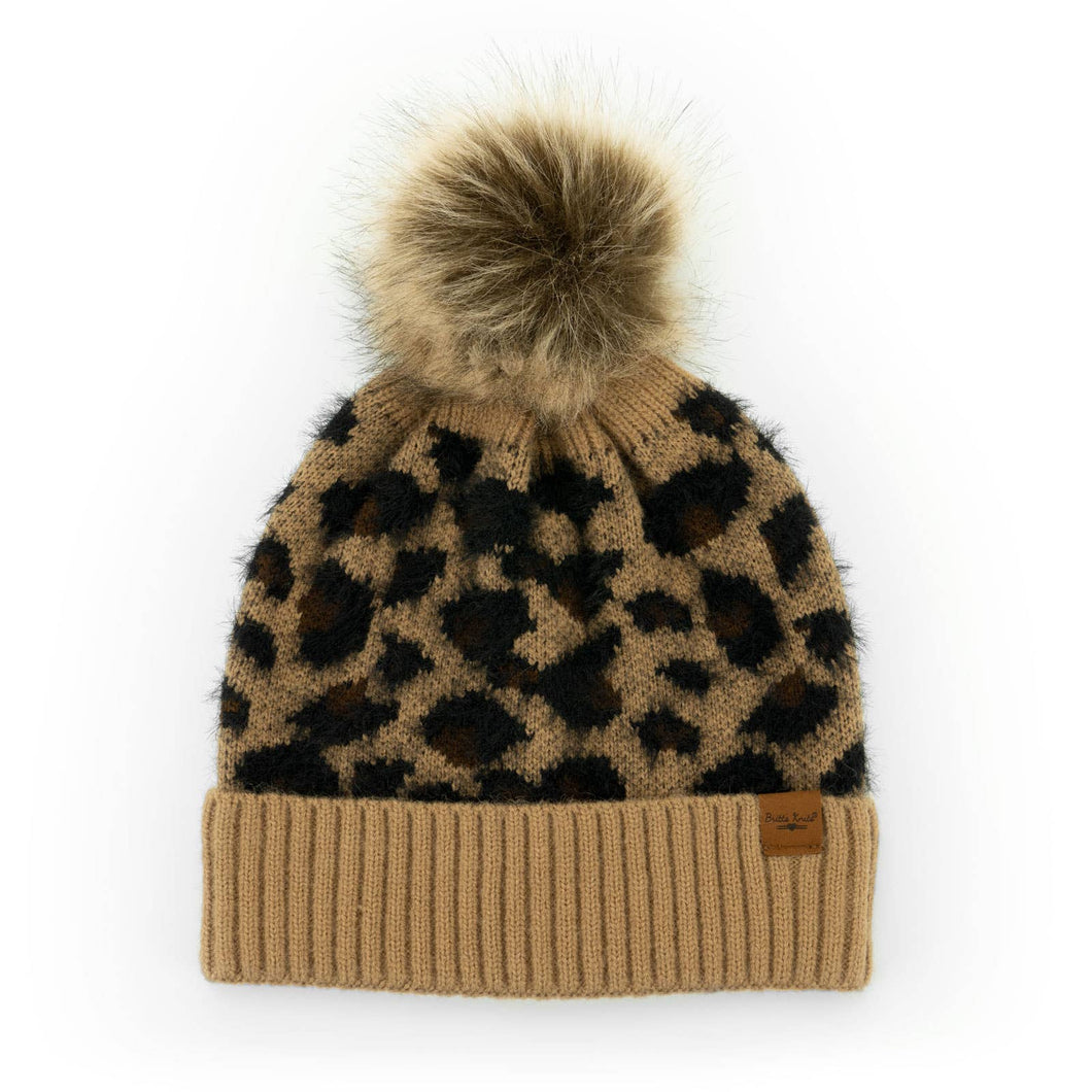 Britt's Knits Snow Leopard Pom Hat: Tan
