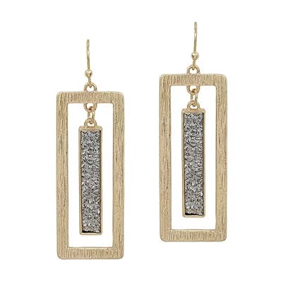 Grey Druzy and Gold Open Rectangle Bar 1.75