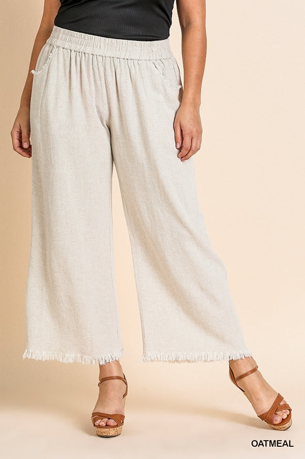 Wide Leg Pant with Elastic Waist, Pockets, and Frayed Hem