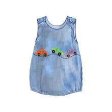 Load image into Gallery viewer, Dark Blue Gingham Car Romper
