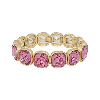 Pink Squared Crystal and Gold Stretch Bracelet