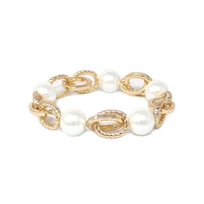 Gold Textured Link Chain and Pearl Stretch Bracelet
