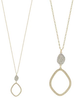Worn Gold Rhinestone Pave with Open Drop Pendant Necklace