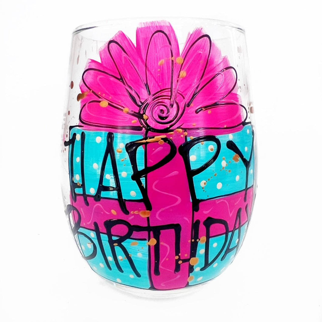 Birthday Wine Glass - Hand Painted Gift Colorful Spring