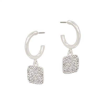 Silver Huggie Hoop with Square Pave Rhinestone Earring
