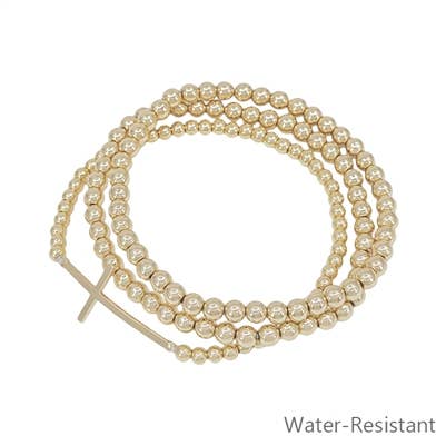 Water Resistant Gold Beaded and Cross Stretch Bracelets