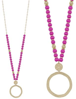 Pink Wood Beaded with Hammered Gold Circle Drop Necklace