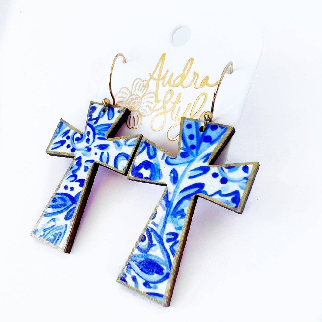 Cross Dangle Earring- Blue and White Floral Print-Religious