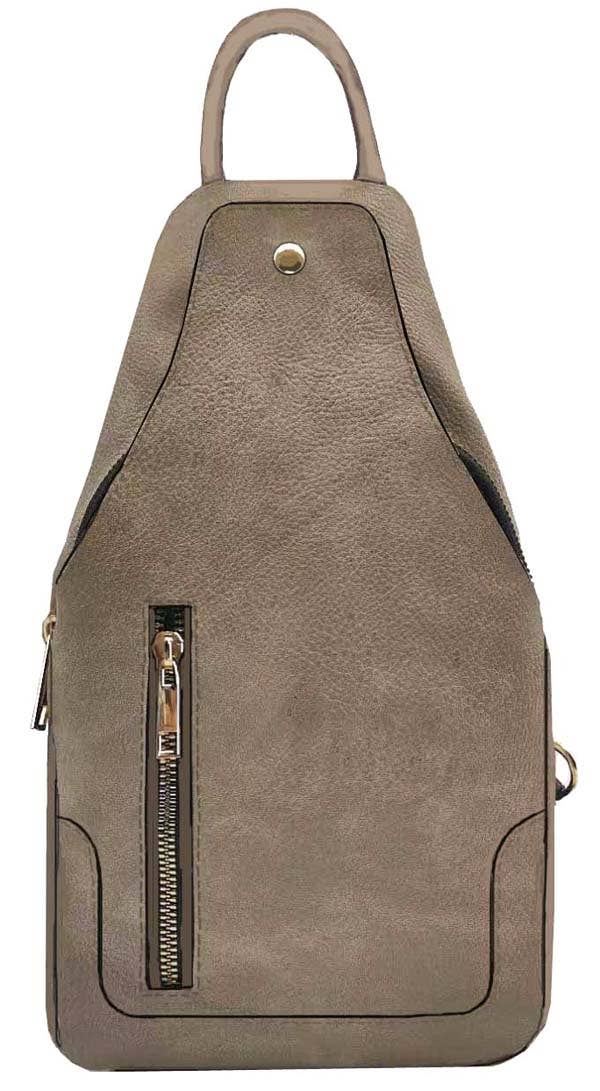 Vegan Leather Fashion Sling Backpack Bag: Stone