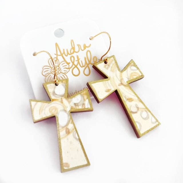 Cross Dangle Earring- Cream Abstract Print-Religious