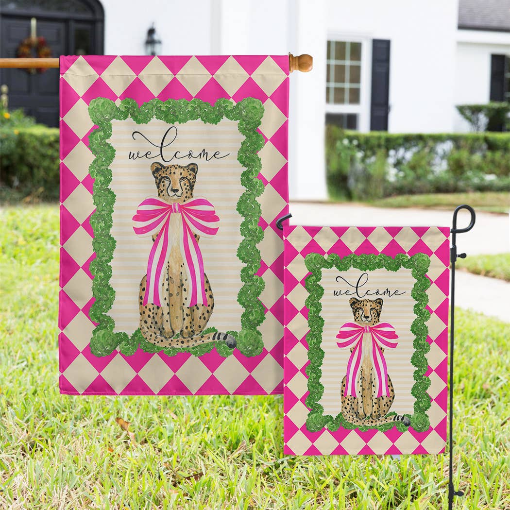 Flags - Welcome Checker Cheetah Pink Bow: Double Sided / House